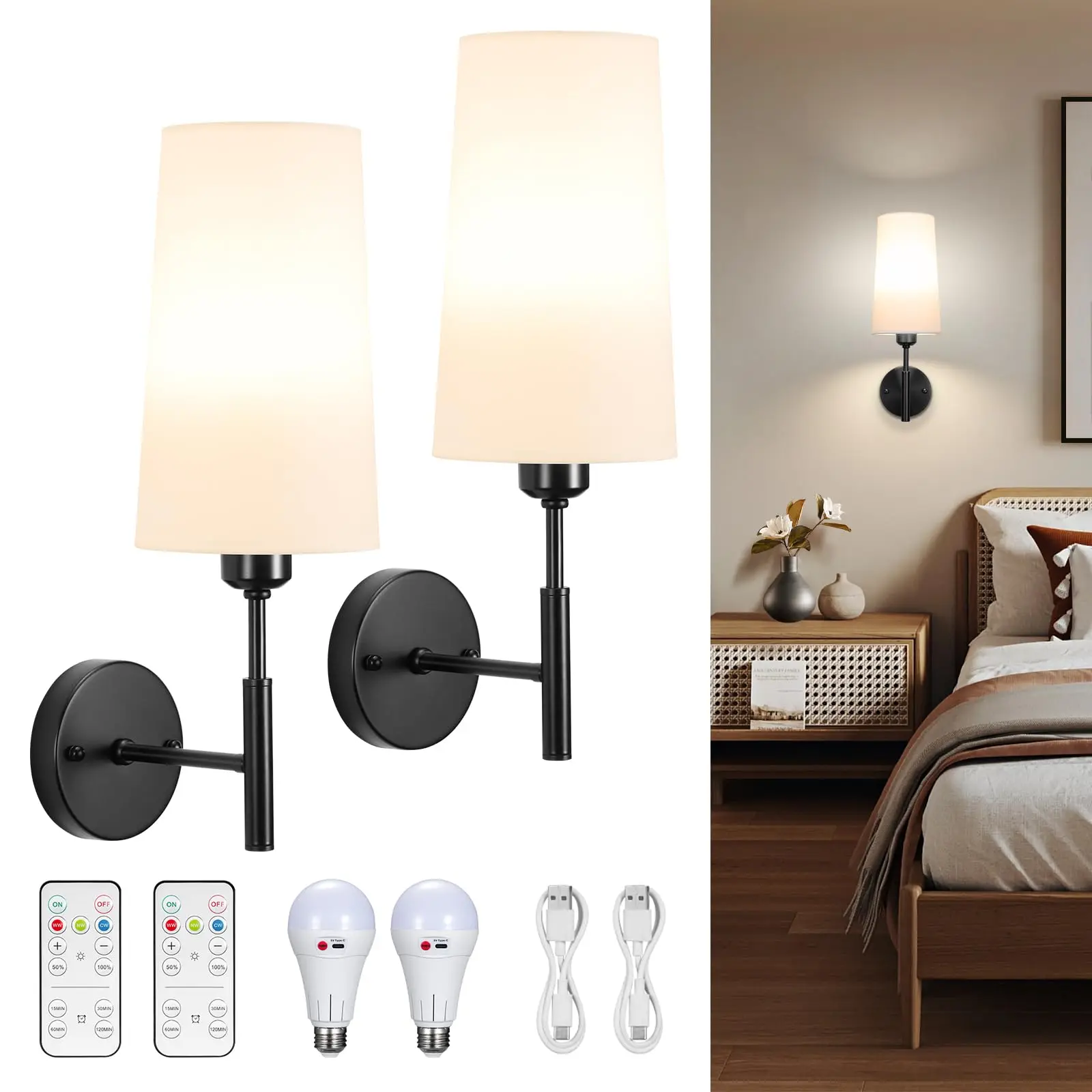 Battery Operated Wall Sconces Set of 2 with Remote Not Hardwired Dimmable with Bulb Charging Cable Wireless Lamp Lights Bedroom