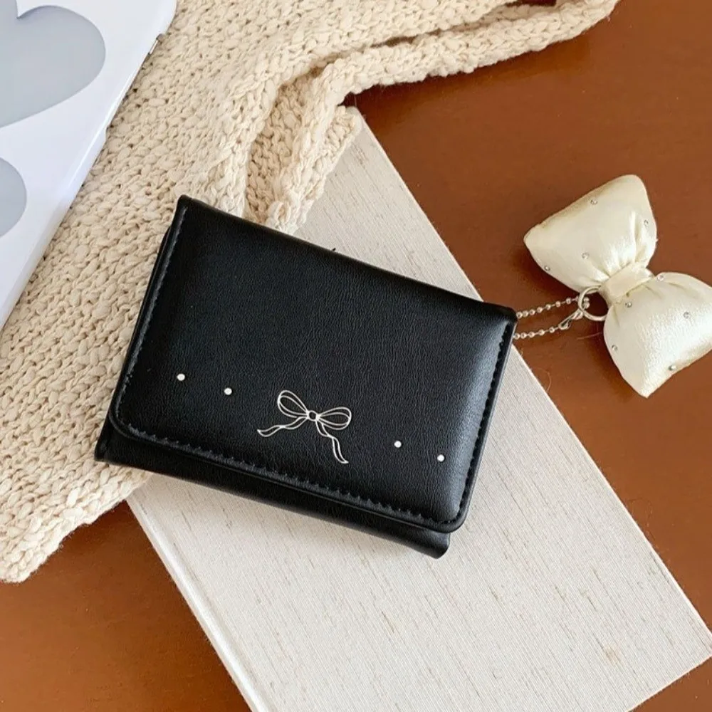 Cute Foldable Pendant Bow Wallet Multi-functional Solid Color Short Wallet Korean Style PU Leather Coin Purse Women
