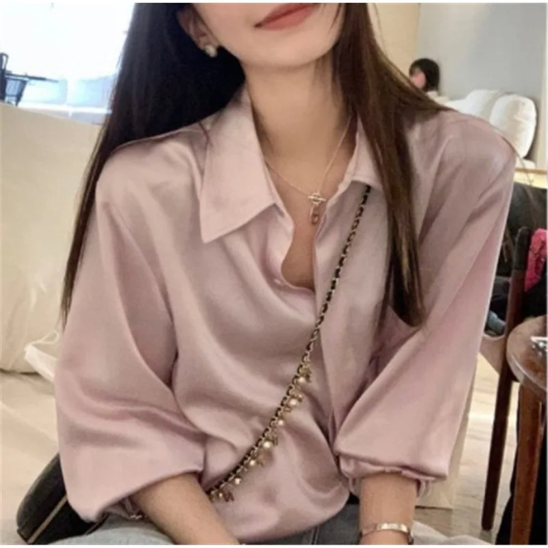 Elegant Glossy Satin Shirts Blouse Women Office Wear and Formal Occasions Shirts