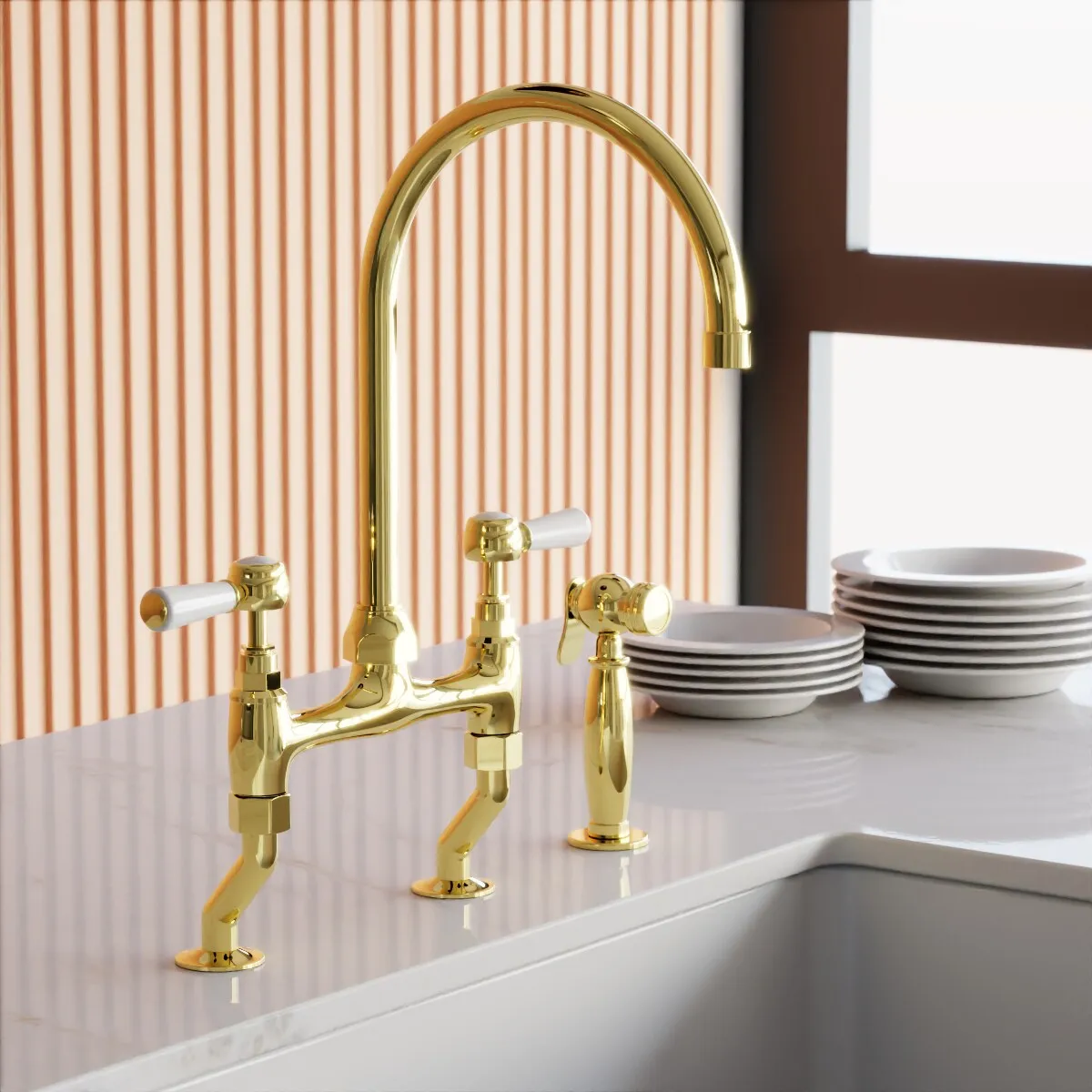 French retro bridge kitchen faucet all copper double hole rotatable adjustable installation hole spacing ceramic handle