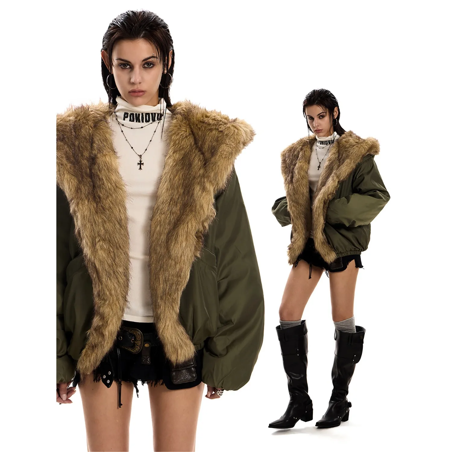 Retro Furry Hooded Cotton Warm Plu Coat Winter New Item Contrast Color Warm Jacket Female