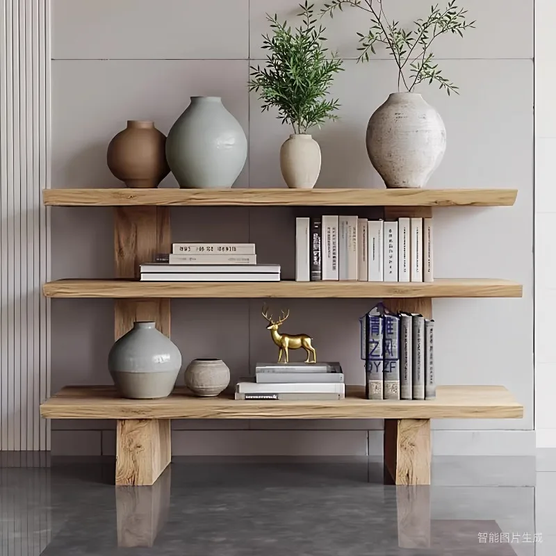 Solid wood floor rack Multi-layer storage Living room bookshelf Household simple retro bookcase Storage Display