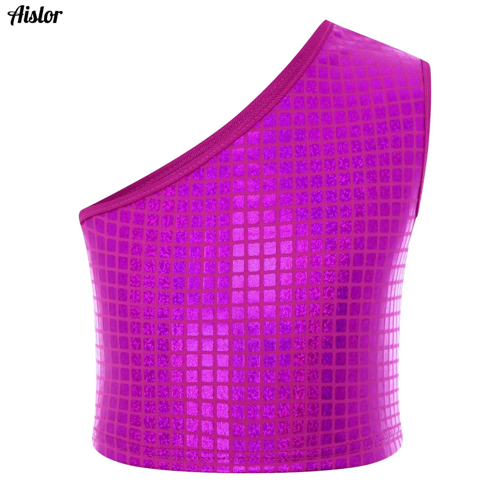 

Kids Girls Jazz Latin Dance Top Asymmetrical Sleeveless Metallic Plaid Vest Crop Top Dancewear Hip-hop Stage Performance Costume