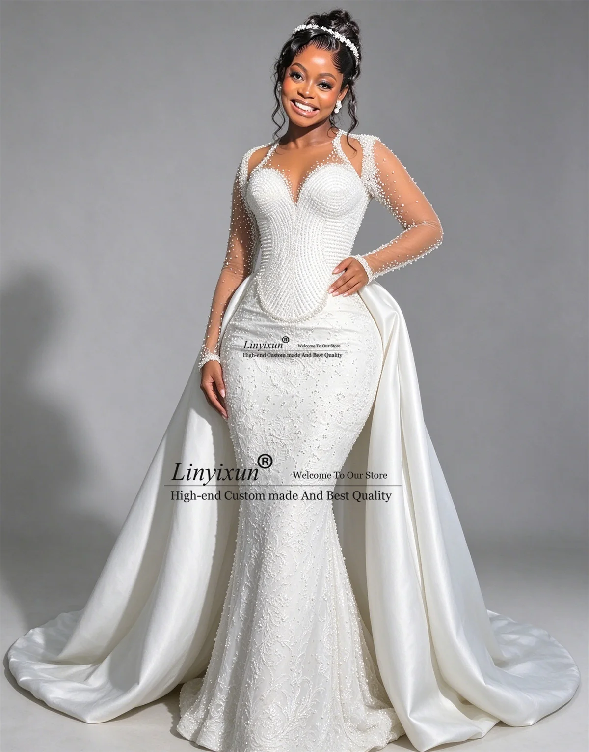 Elegant Beaded Wedding Dresses With Remove Train Long Bridal Gowns Customized Full Sleeves Mermaid Bride Vestidos De Novia
