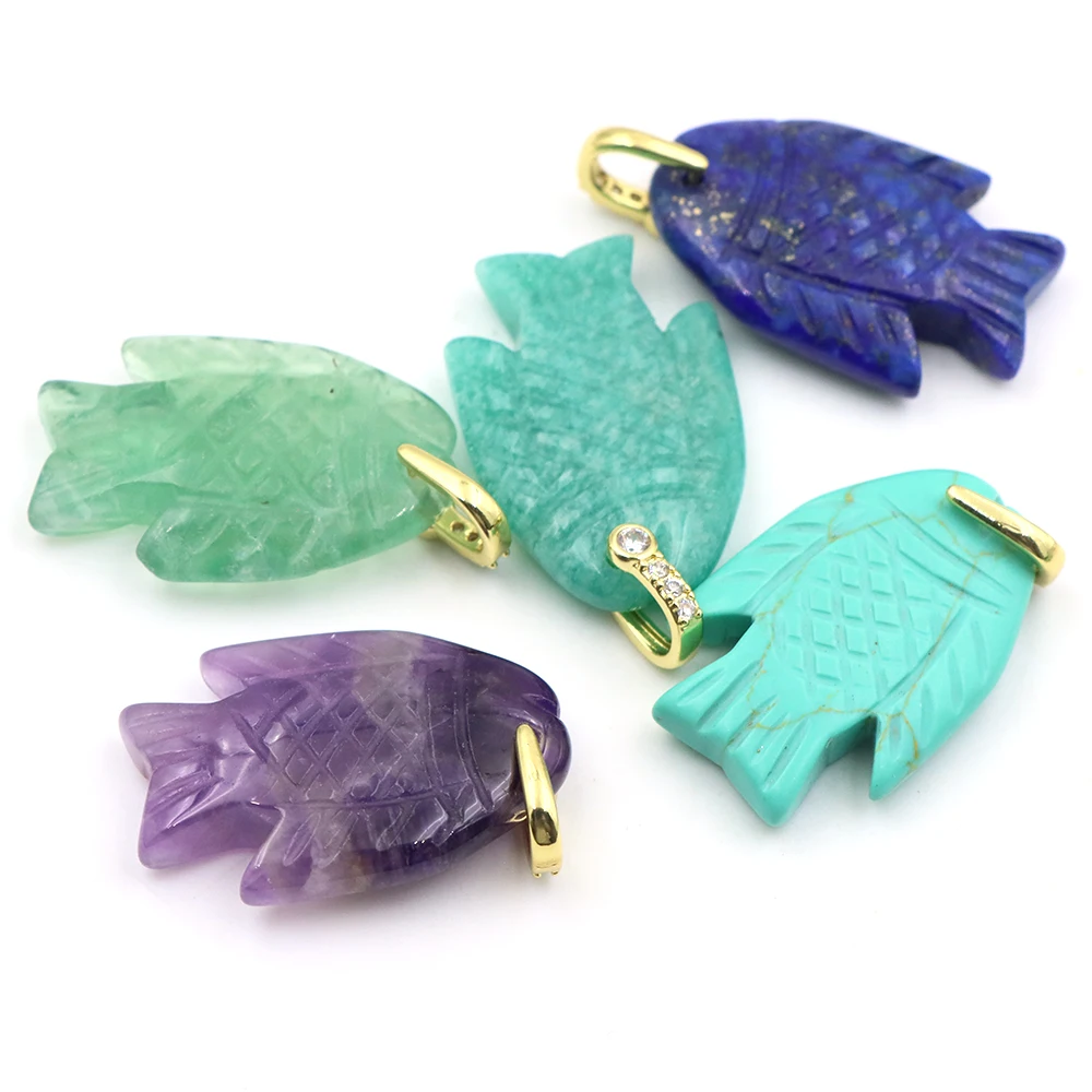 33mm Carved Fish Natural Stone Pendant Healing Crystal Charms For DIY Necklace Bracelet Jewelry Making Spiritual Craft Supplies