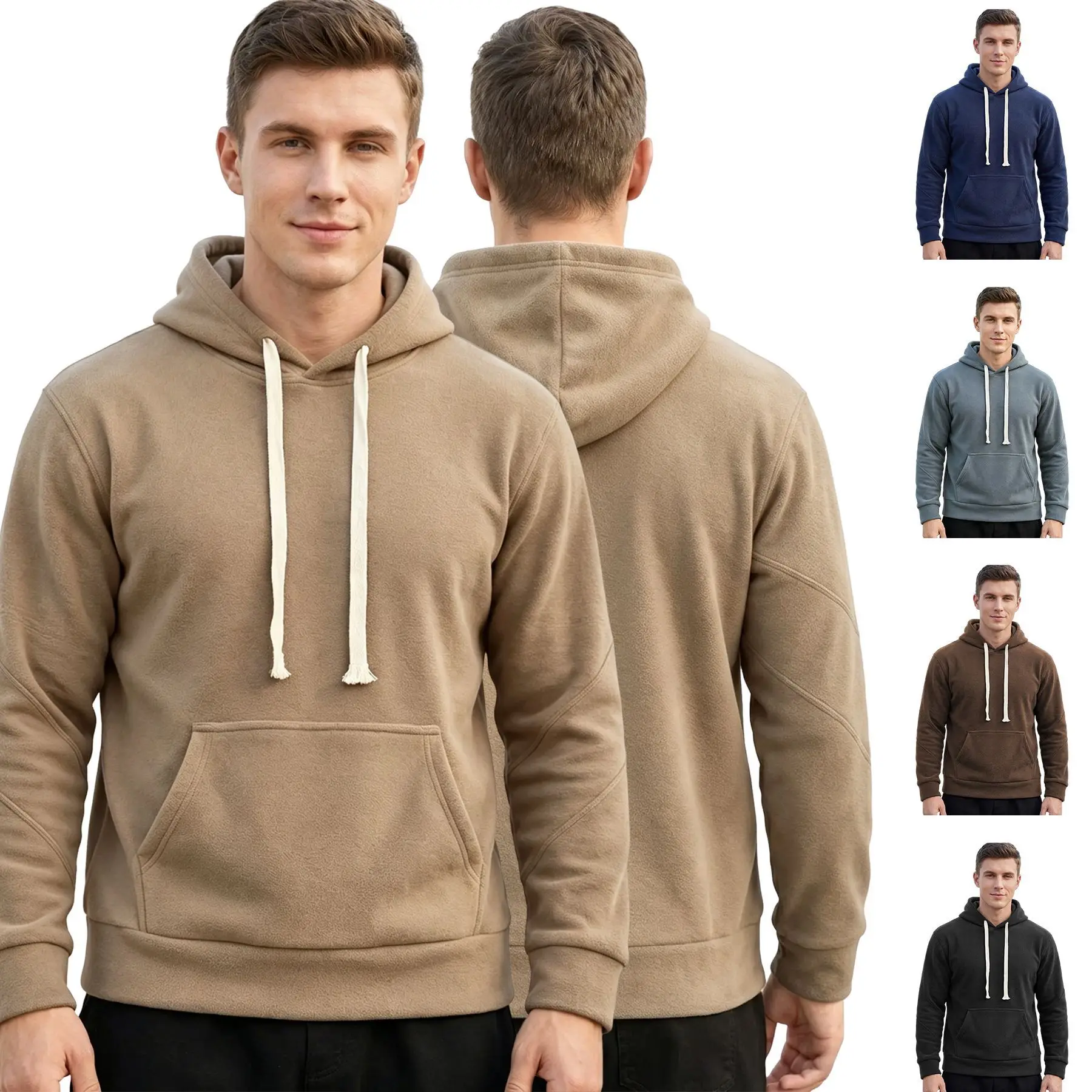 Men's Casual Sports Commuter Hoodie Loose Fit Pocket Solid Polar Fleece Sweatshirt Pullover American Vintage Fall Warm Men's Top