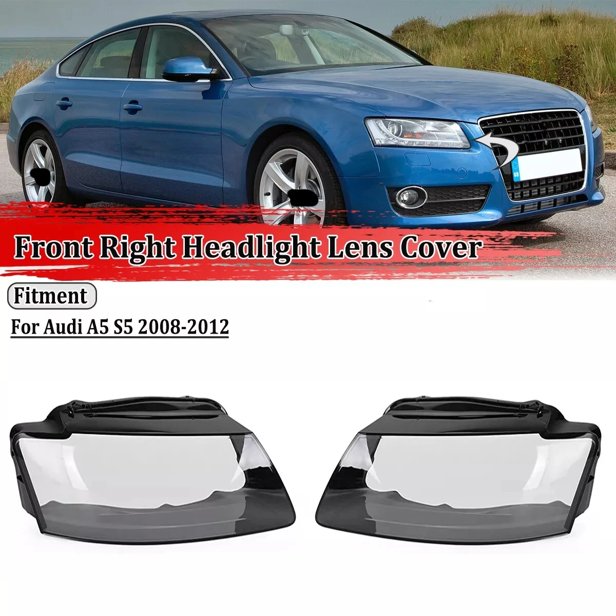 For Audi A5 S5 RS5 2008 2009 2010 2011 2012 Front Headlight Lens Cover  Clear Car Headlamp Shell Cover Left/Right Lamp Hood