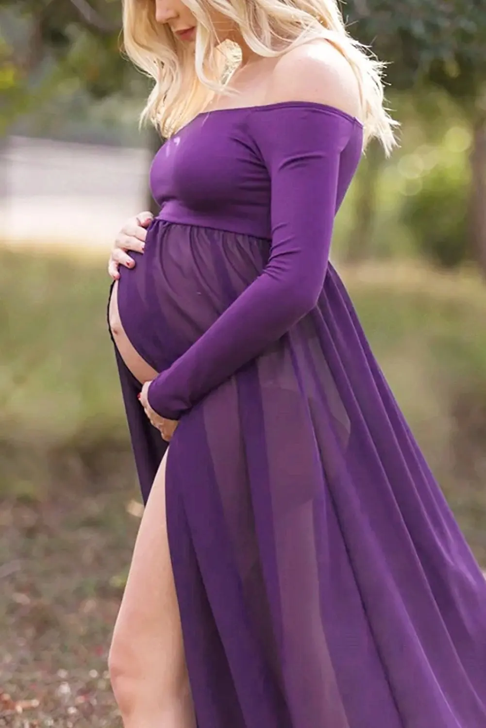 Maternity Blue Sexy Deep One Collar Dress Maternity Long Sleeve Mercerized Cotton Chiffon Slim Fit Trailing Dress Photo Dress