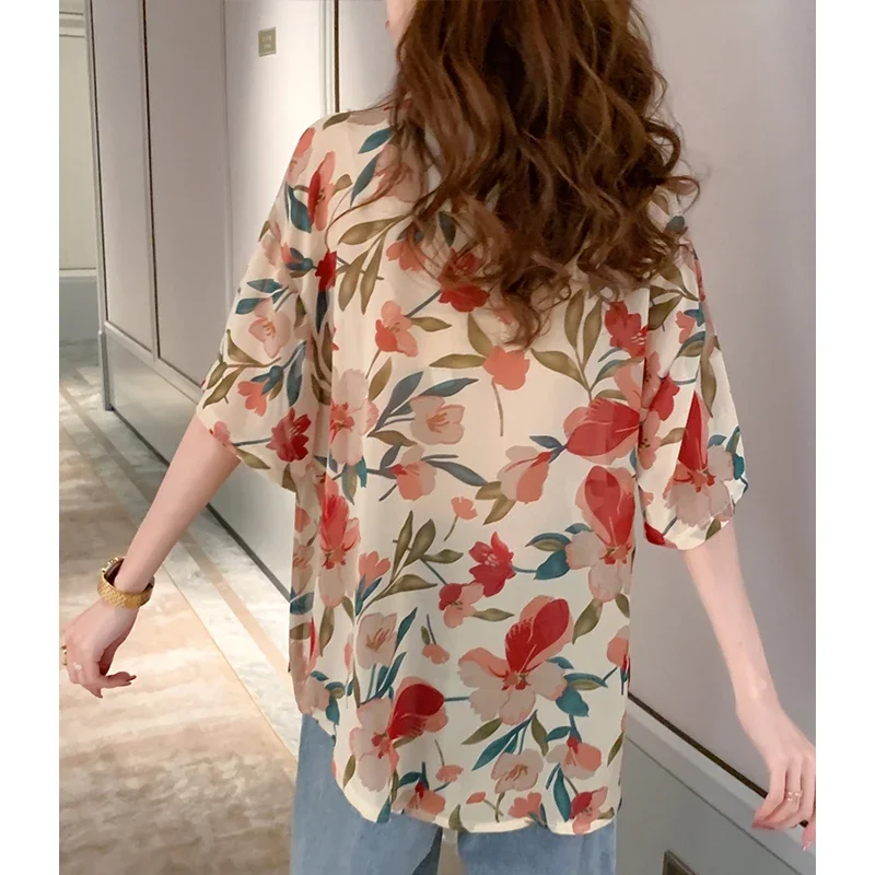 Camisa estampa floral vintage feminina, sudeste asiático, estilo de férias, manga curta, camisa de mulher lapela, tops soltos casuais, verão