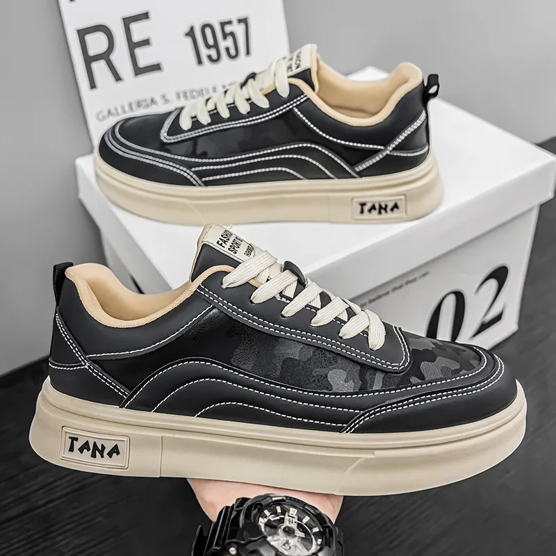 Men's Fashionable Leather Shoes Spring New Style Thick Bottom Wear-Resistant All-Match Sporty Casual Shoes Comfortable Boosting