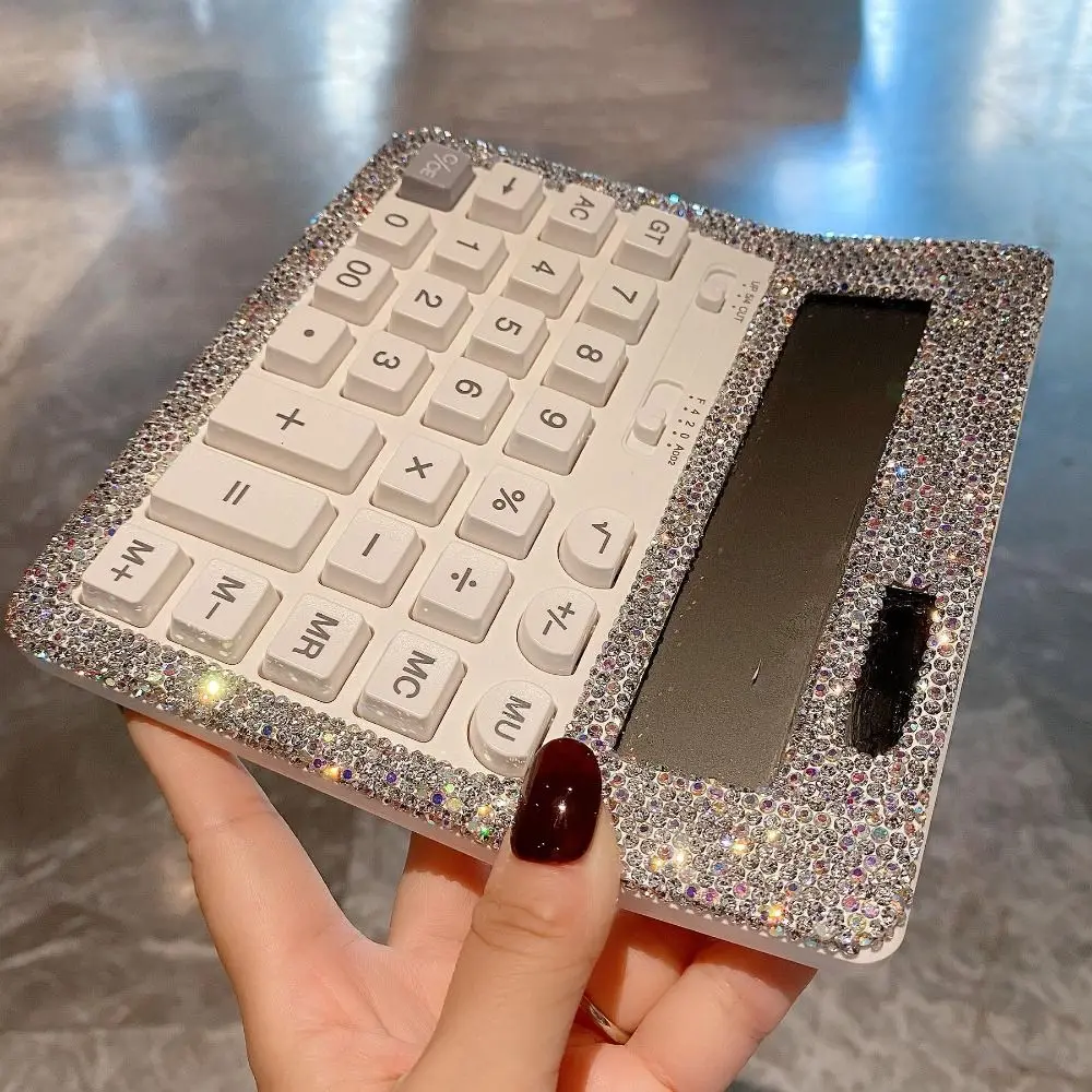 Shiny Rhinestone Calculator Light Luxury Dual Power Solar Desktop Calculator Multifunctional Large Screen Display