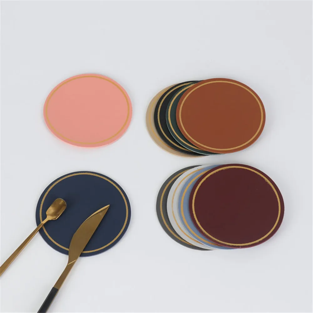 1pc PU Leather Coaster 10.2cm Round Cup Mat Waterproof Heat Resistant Non-Slip Placemat Tableware Pad Table Decoration