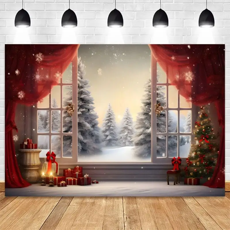 VIKAMA Wall Tapestry Christmas Red Curtain Window Snow Tree Gifts Candle Wall Hanging Dorm Room Aesthetic Xmas Wall Art Festive