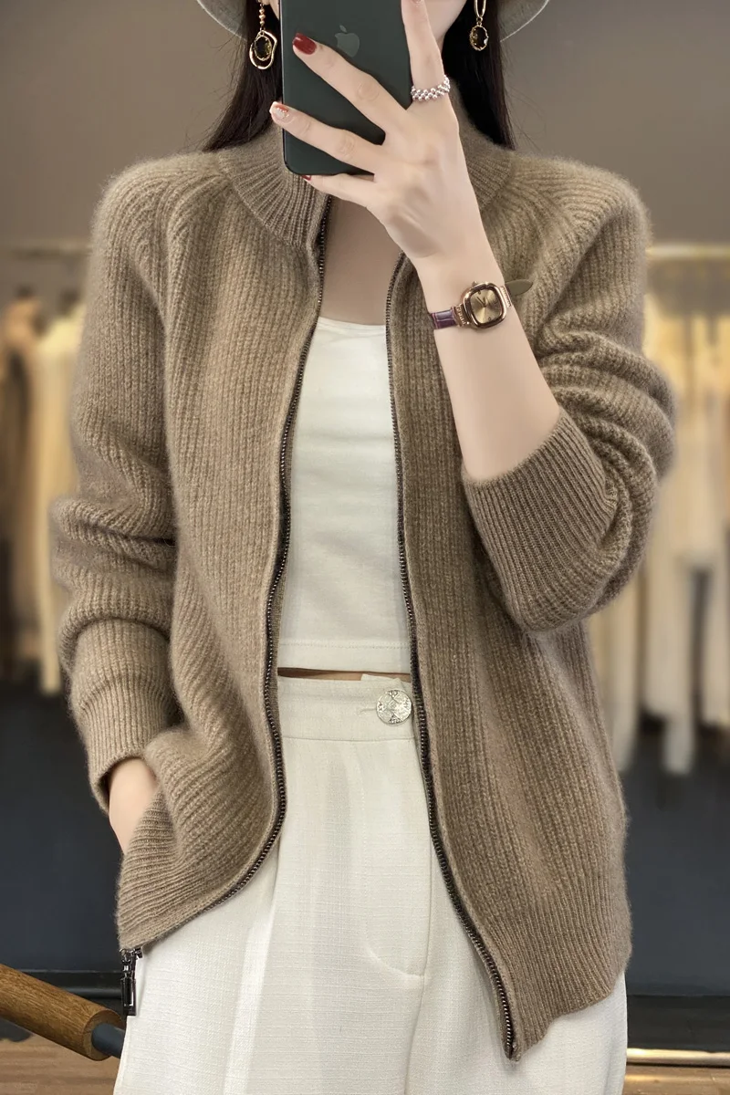 New Chic Women 100% Merino Wool Sweater Cardigan Autumn Winter Zipper Soft Knitwear Long Sleeve Wool Sweater Female Jacket Tops