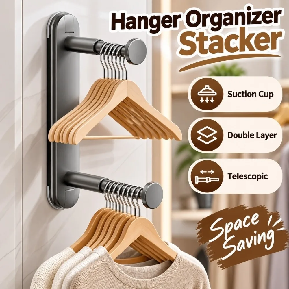 Suction Cup Hanger Organizer Stacker Telescopic Double Layer Clothes Rack Organizer Space Saving Non Marking