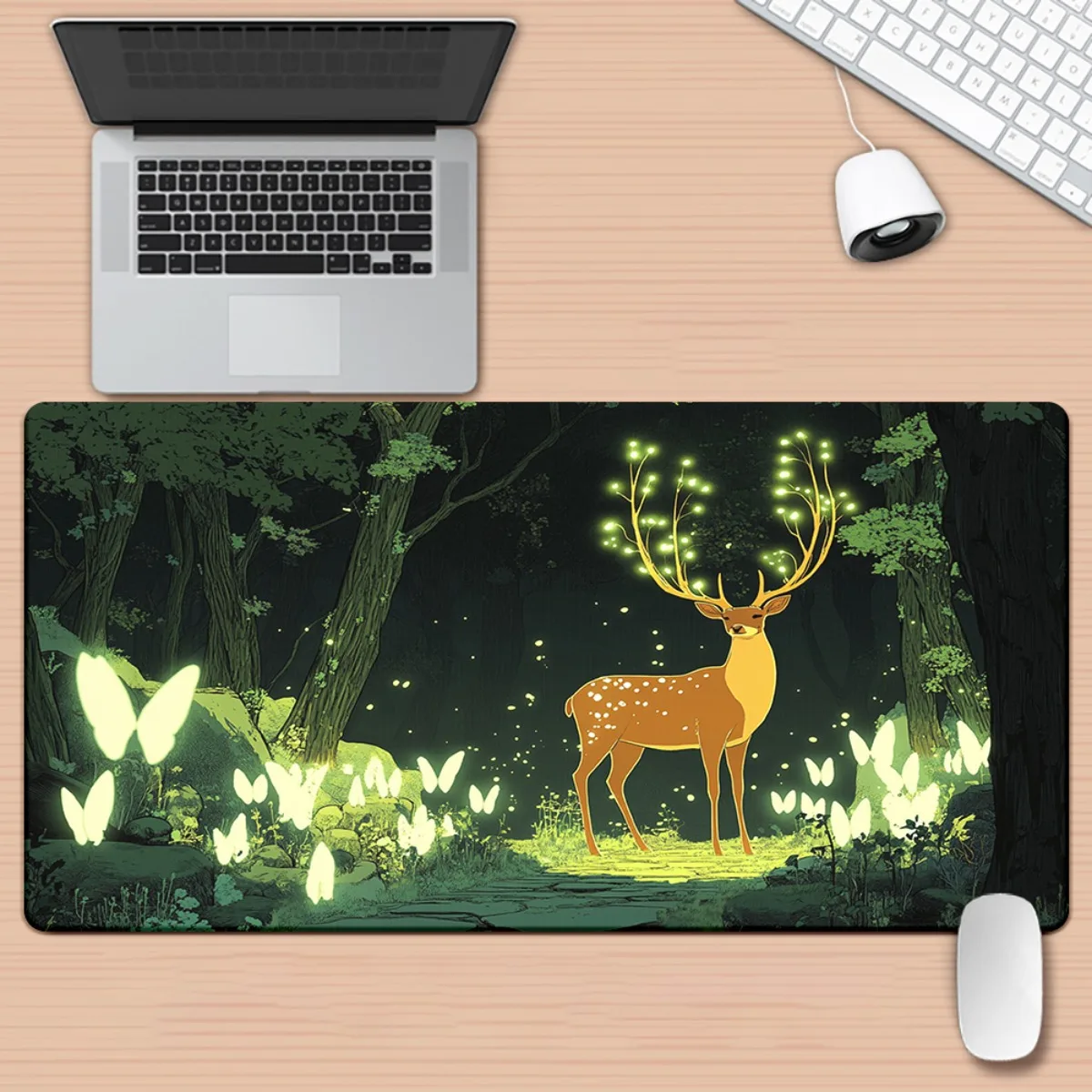 Mystical Deer Forest Glowing Butterflies XXL Desk Mat Premium Rubber Non-Slip Large Gaming Mouse Pad for PC Office