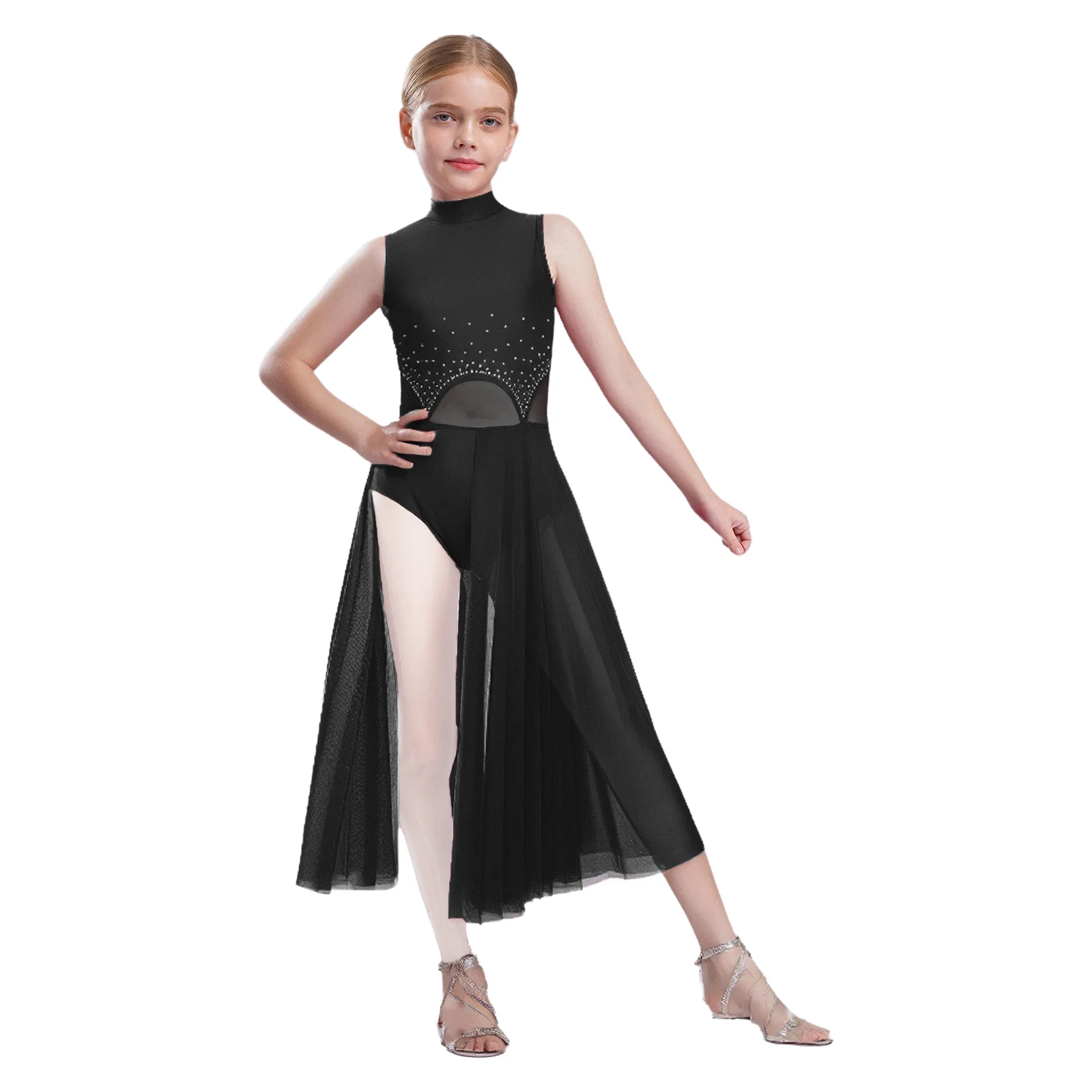 

Kids Girls Shiny Rhinestones Split Dress Sleeveless Lyrical Dance Ballet Figure Skating Gymnastics Leotard Performance Costume