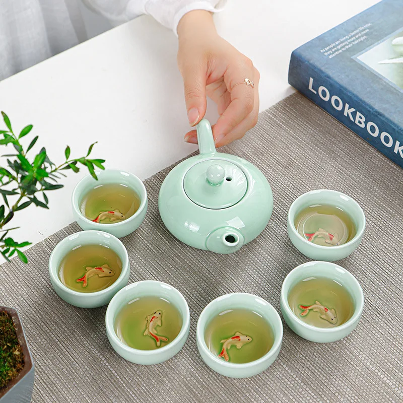 

Portable Travel Tea Set with Celadon Small Fish, 1 Pot and 4 Cups Set