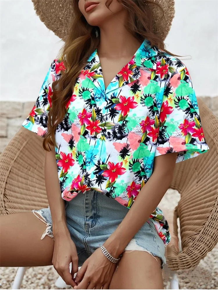 เสื้อเชิ้ตแขนสั้นผู้หญิงใหม่ปี 2025 พิมพ์ลาย Palm Tree Silhouette เป็นลุควันหยุดฤดูร้อนที่ทันสมัยและลําลอง