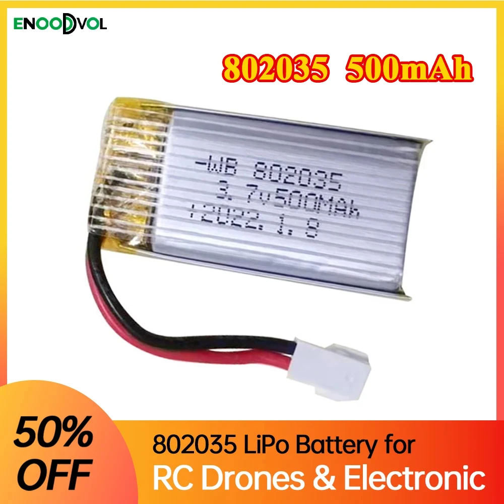 

NEW 3.7V 500mA 802035 Rechargeable Lithium Polymer Battery for Drones Mobile Storage Electronic Product Accessory MX2.0 Plug