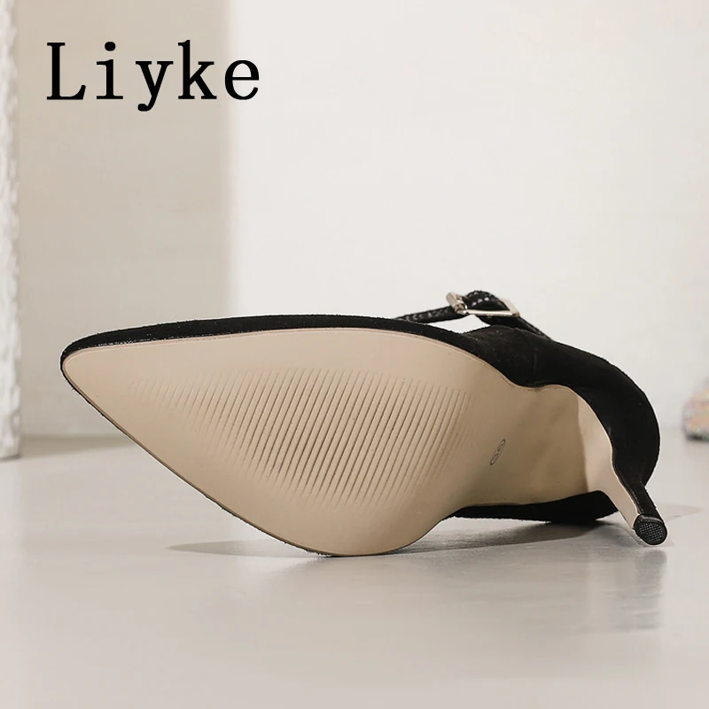 Liyke 2026 New Fashion Crystal Rhinestone Buckle Strap Women Ankle Boots Sexy Pointed Toe Party Stripper Heels Ladies Shoe Pumps