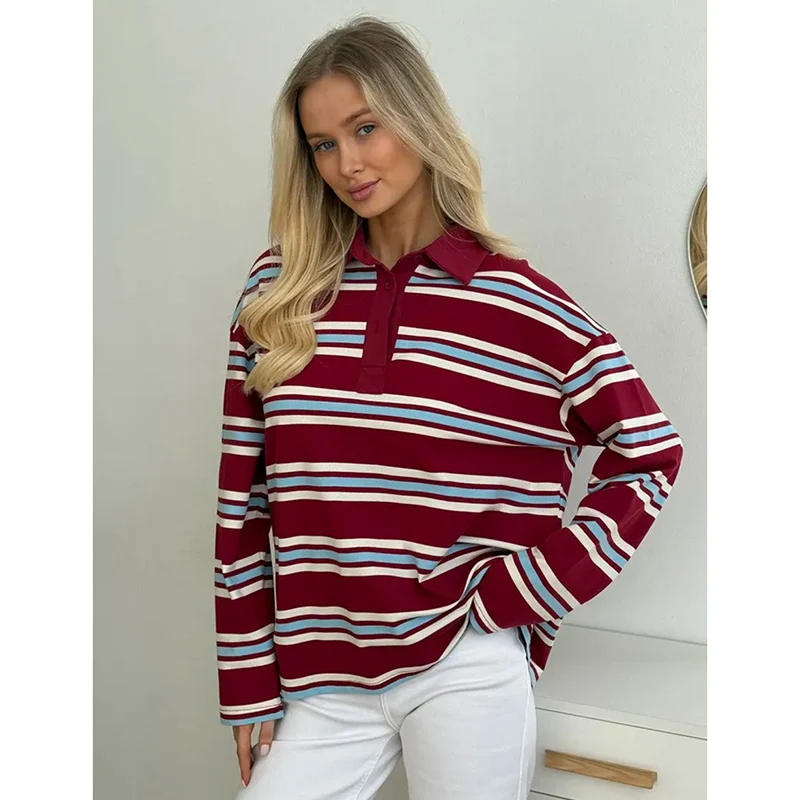 

Женские повседневные футболки в полоску, женская одежда с воротником-поло в стиле ретро, одежда с длинными рукавами, женское мешковатое удобное нижнее белье, топы