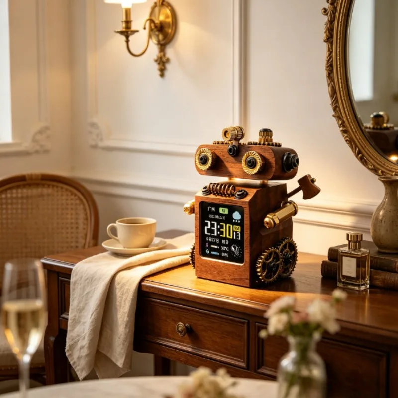 Desktop Robot Figurine, WiFi Weather Forecast Clock, Cyberpunk Digital Alarm Clock for Office Home Desk Decor, Tech Gifts