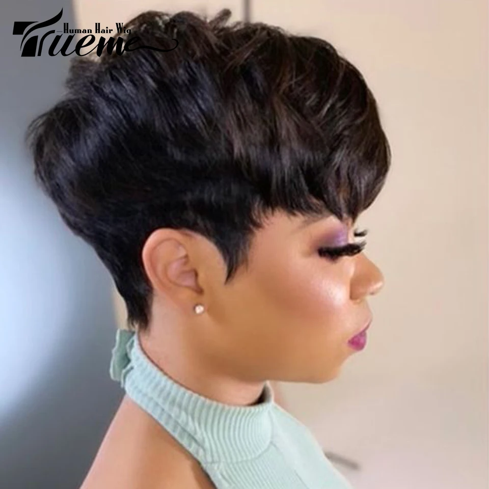 

Trueme Pixie Cut Curly Wig Human Hair Wigs For Women Brazilian Curly Wave Human Hair Wig Ombre Red Highlight Brown Machine Wig