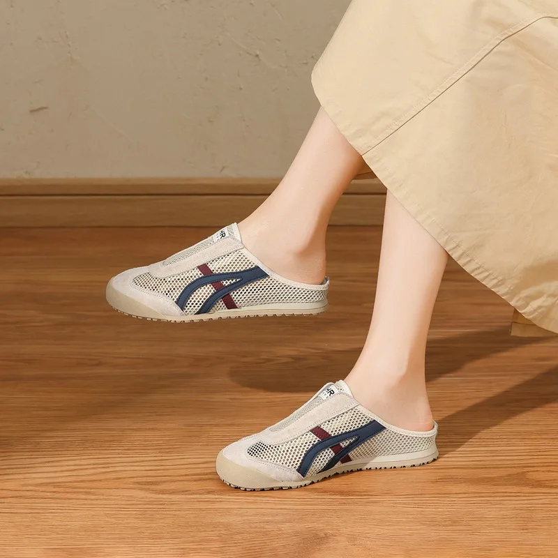 zhr-retro-genuine-leather-slip-on-half-slippers-women's-summer-new-soft-bottom-breathable-mesh-surface-fashionable-casual-shoes