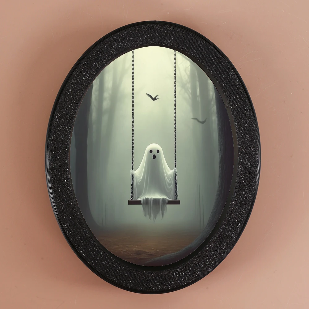 قطعة واحدة من ديكور بيضاوي تحت عنوان، إطار أسود قديم يظهر شبحًا على مشهد التأرجح، يخلق جوًا غامضًا وحيداً، Su #1