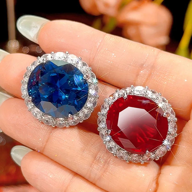 Women Round Halo Stud Earrings Big Simulated Gemstone Clear Zircon Silver Tone Statement Wedding Party Earrings