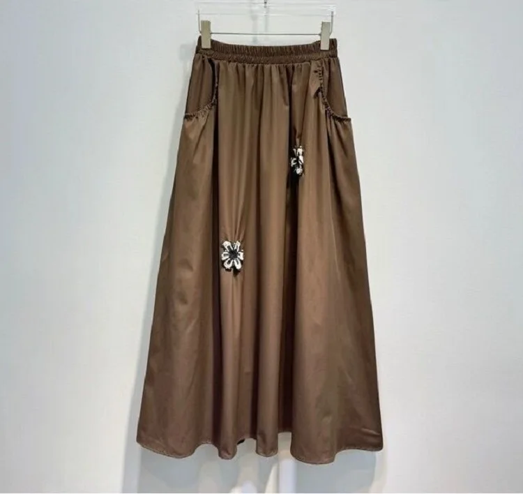 

Новейшая модная длинная юбка 2021, осенне-зимний стиль, женские эластичные талии, расшитые блестками и бисером, с большим карманом, длинные черные юбки цвета хаки