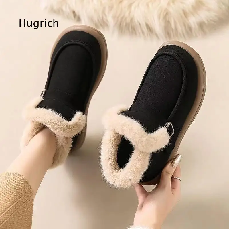 Suede Look Ankle Snow Boots Furry Collar Metal Buckle Slip On Thick Sole Warm Winter Shoes