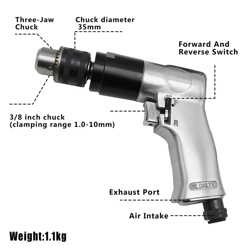 3/8'' Professional Air Drill High-speed Pneumatic Drill Reversible Rotation Tool For Drilling On Walls, Floors, Iron Plate Etc
