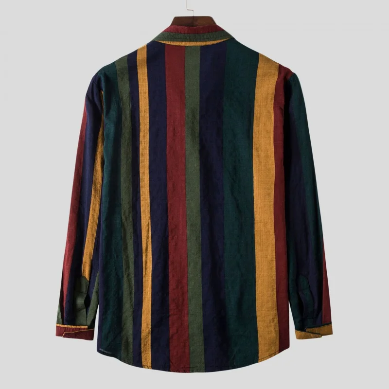 SZYL-Striped Shirt for Men, Cotton and Linen Ribbon, Long Sleeves, Breathable, Contrast Color, Autumn and Winter, New