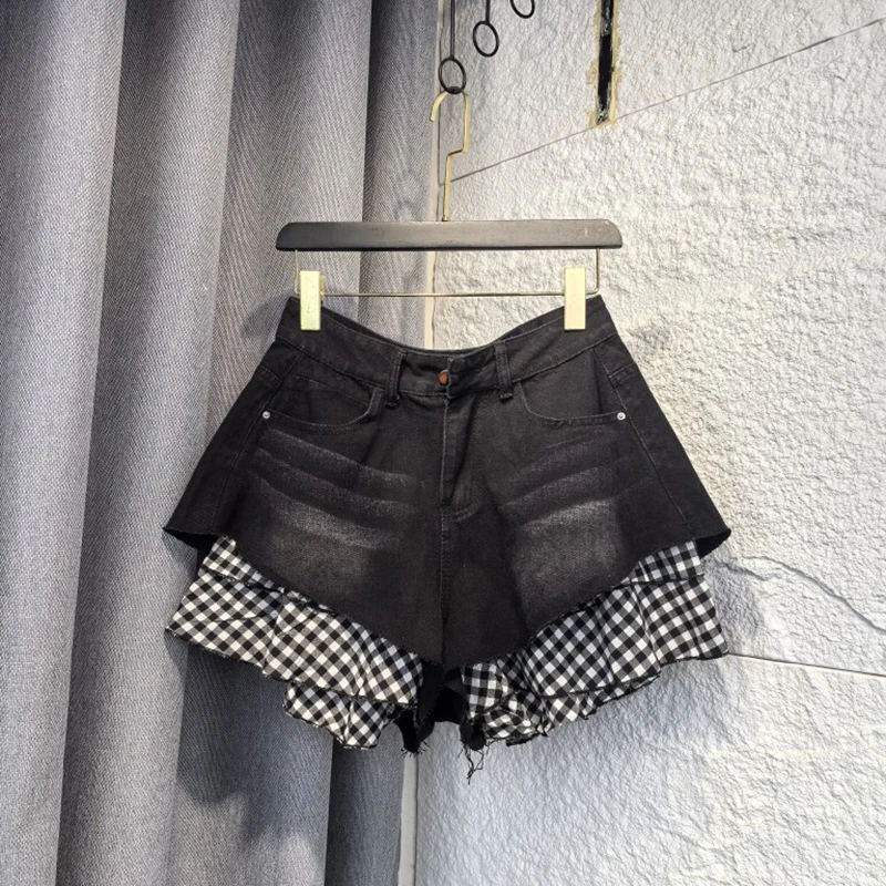 Splicing Denim Shorts for Women 2026 Summer High Waist Slim-looking Wide Leg A-line Hot Pants Spicy Girls Fashion Blue Shorts