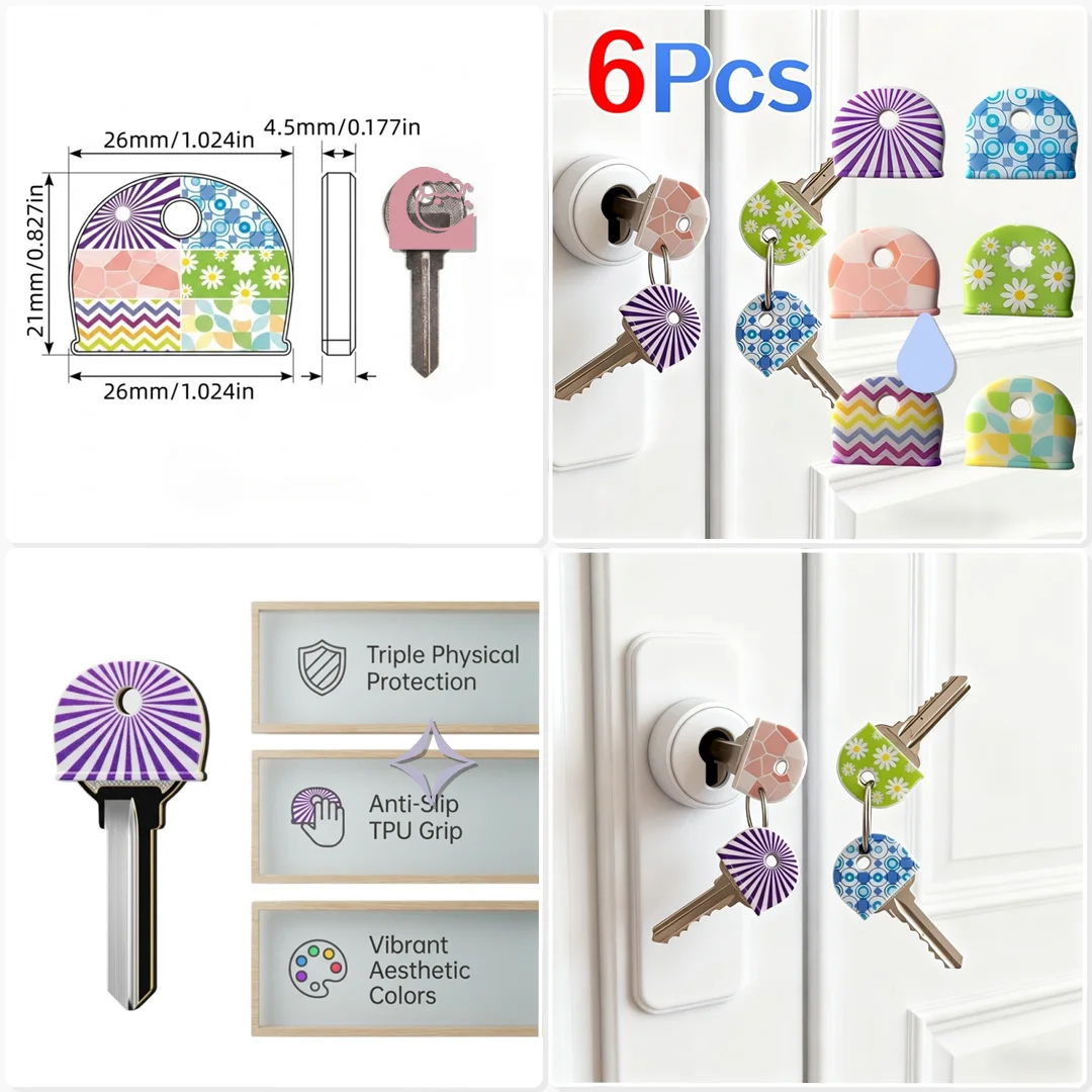 6Pcs Silicone Key Identifier Round Flower Pattern Non Slip Protective Cover Office Key Cabinet Organization Tool