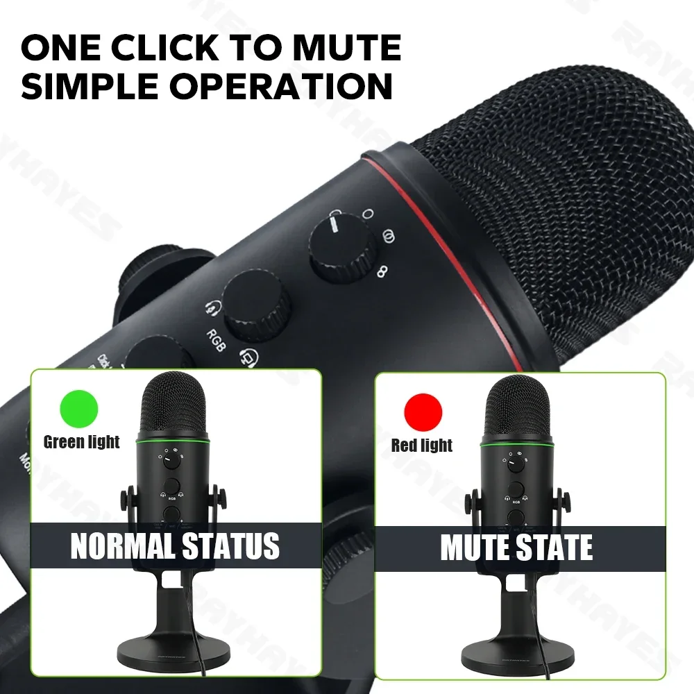 RAYHAYES JI-M2S USB Condensateur Gaming Microphone Live Streaming Mic Gain Bouton Pour PC Ordinateur Portable Vidéo Statique