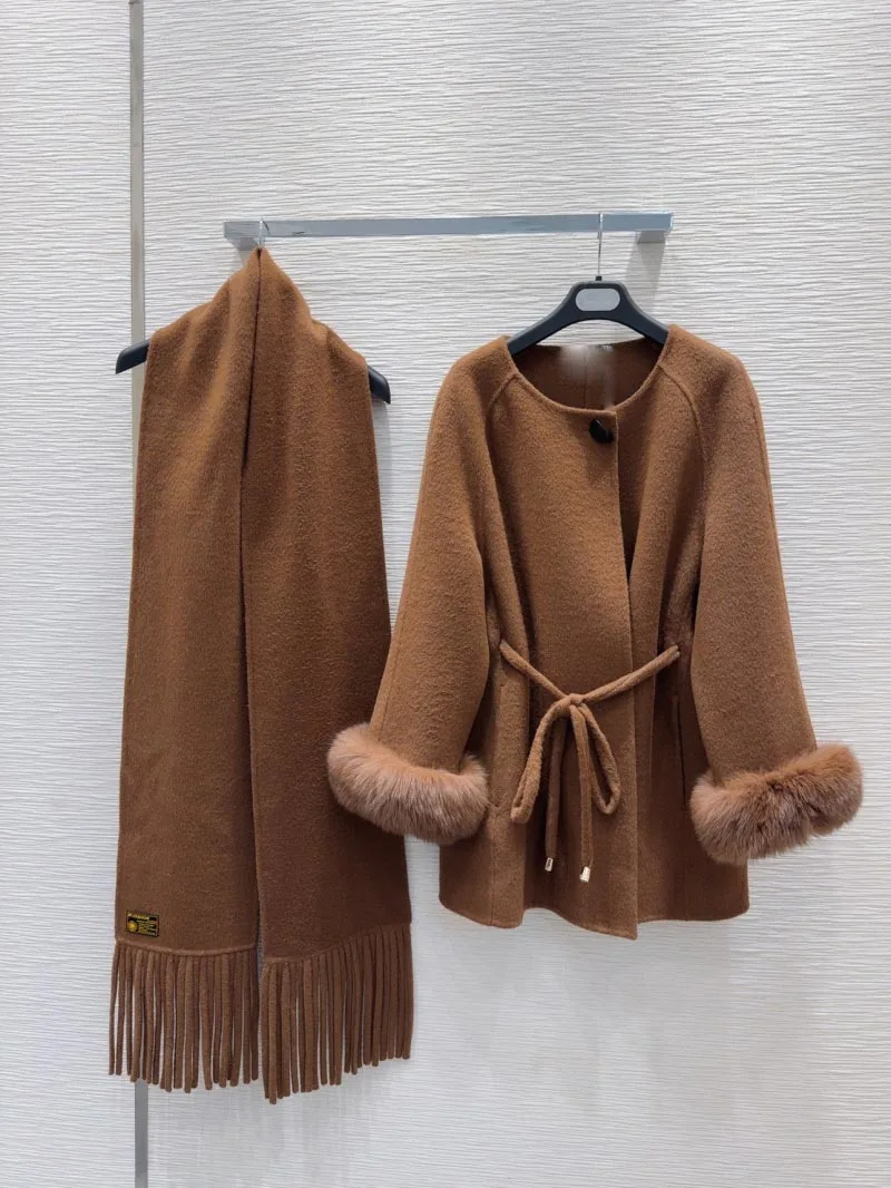 2024 New Korean Style Handmade Loose Women's Coat Autumn Wool Shawl Detachable True Fox Leather Collar Cloak Coat