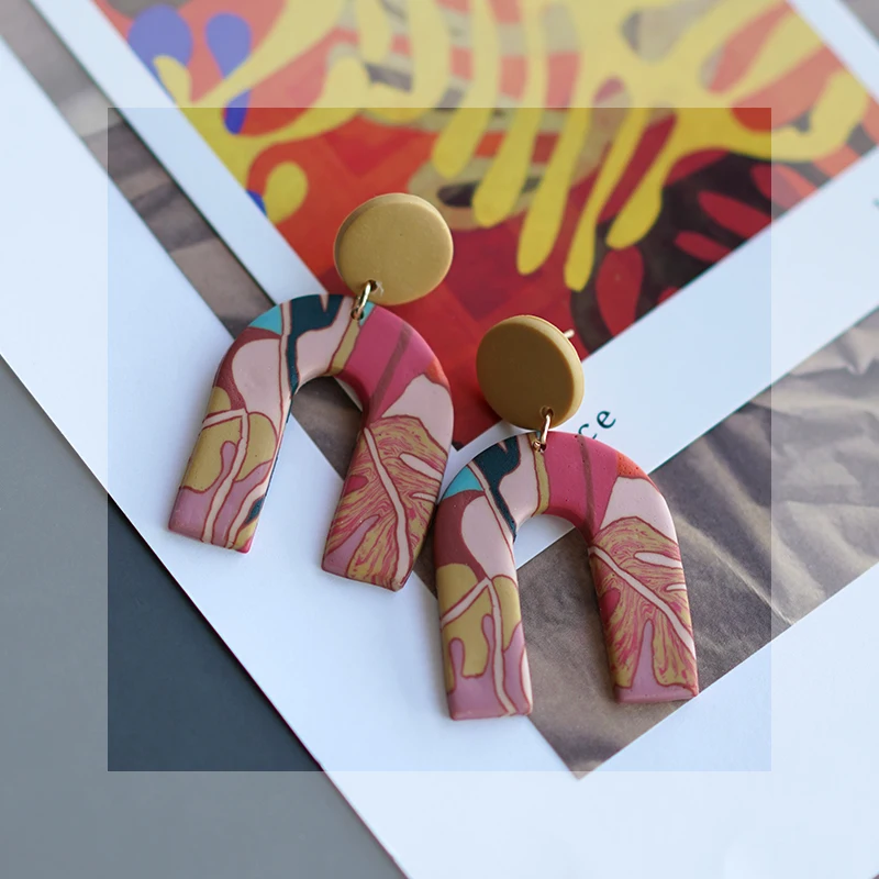 Art Floral Vintage Abstract Pattern Handmade Polymer Clay Earrings Set for Women Big Size Long Dangle Multi Shapes Warm Colors