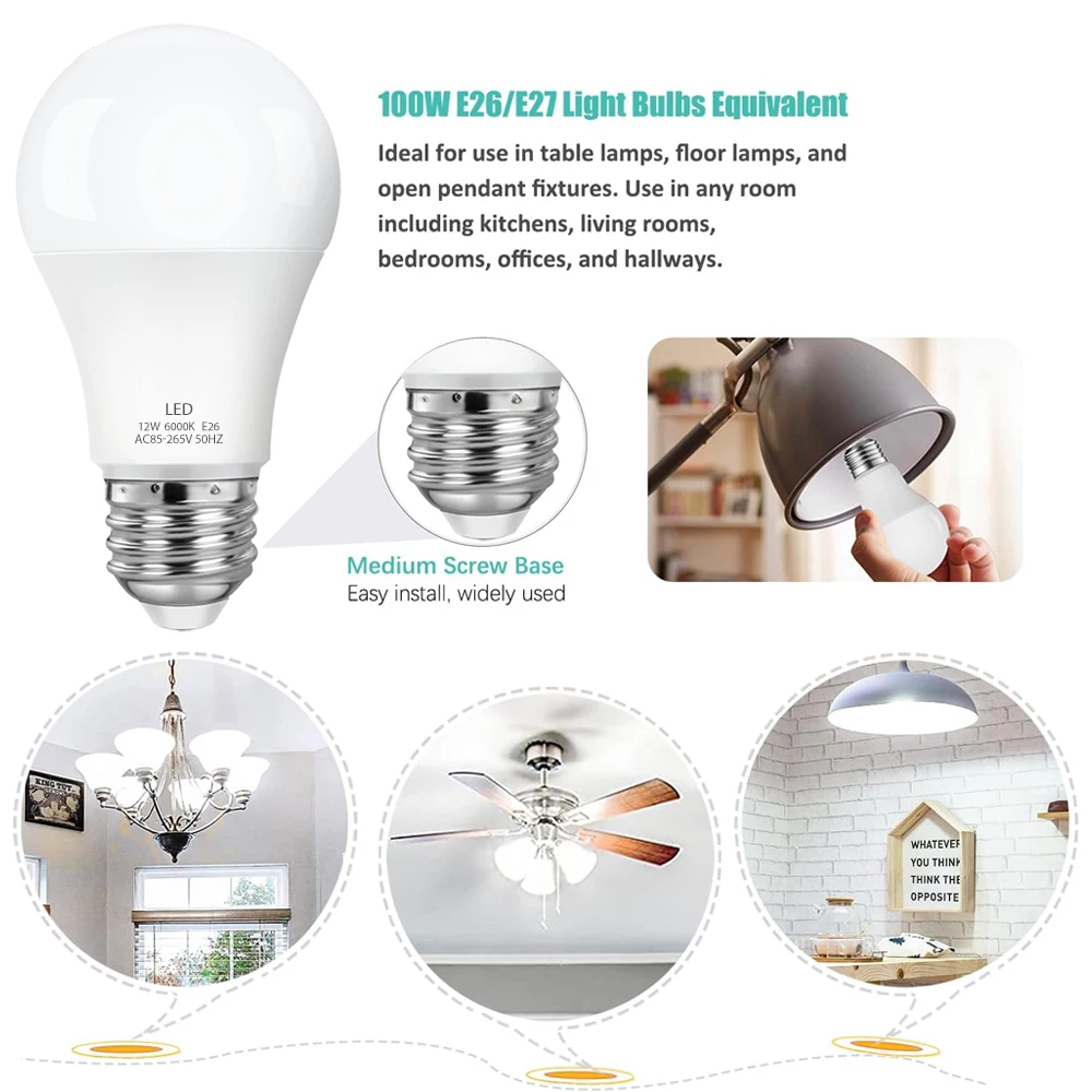 Kasotile E26 LED Bulb 12W LED Lamp Saving Cold Warm White for Bedroom Living Room Stairs High Brightness Energy Efficient