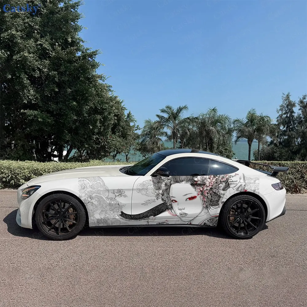 2pcs Black and White Geisha & Snake Car Side Wrap, Self-Adhesive PVC Waterproof & Scratch-Resistant Stickers, Car Accessory Gift