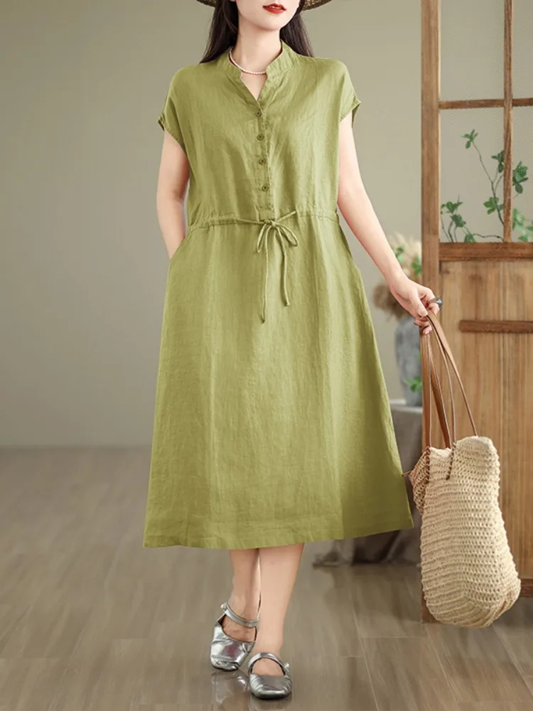 Artistiek Pure Kleur Katoen Linnen ort Sve Dr Dames Zomer Casual Taille Cinching Dstring Afslanken Linnen Midi Dr