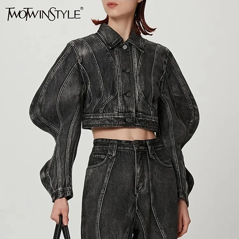 TWOTWINSTYLE Streetwear płaszcze dżinsowe dla kobiet z klapami z długim rękawem Patchwork jednorzędowe wyszczuplające kurtki casualowe moda damska