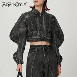 TWOTWINSTYLE Streetwear płaszcze dżinsowe dla kobiet z klapami z długim rękawem Patchwork jednorzędowe wyszczuplające kurtki casualowe moda damska