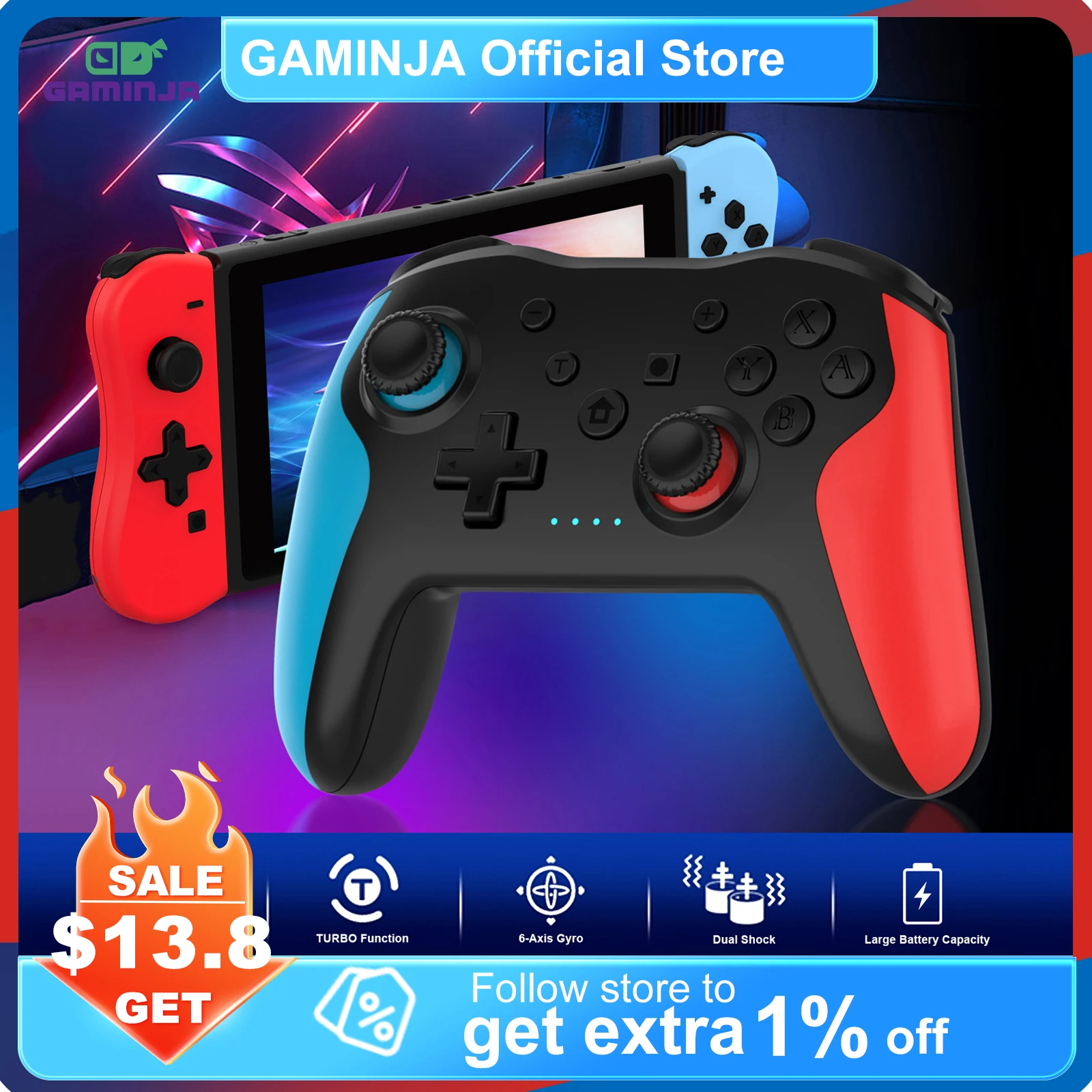 GAMINJA Wireless Controller for Nintendo Switch PC PS3 TV Box Joystick Tesla With 6-axis Dual Vibration Wake Up NFC BT Gamepad