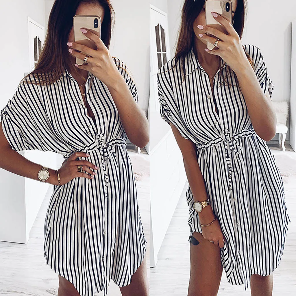 Office Lady Striped Lapel Shirts Dresses Summer Women Elegant Short Sleeve Single Breasted Bandage Casual Commute Mini Dresses