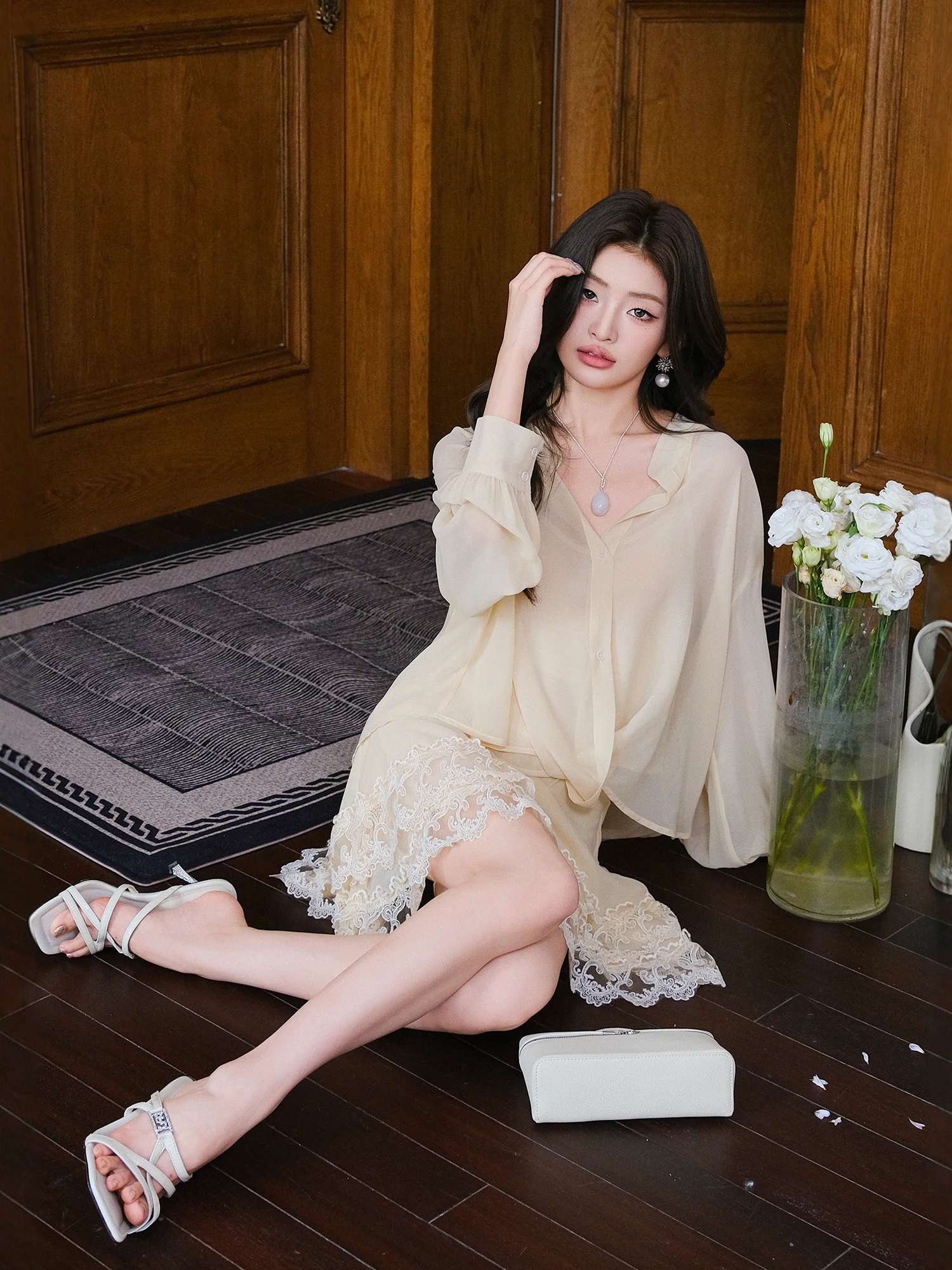 

MIUCO Summer Lace Crop Top And High Waist Skirt Set Sweet Apricot Color Button up V Ne Long Sve Women's Faion Ensemble