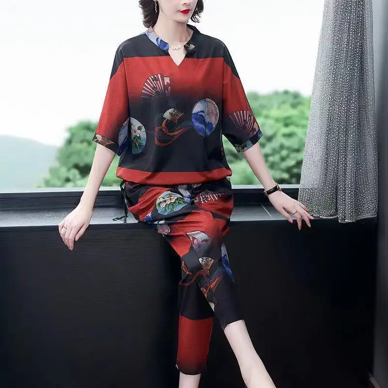 Fashion Casual Printed Loose Matching Sets Summer Commute Half Sleeve Female Clothing V-Neck Drawstring Haren Cropped Pants Sets