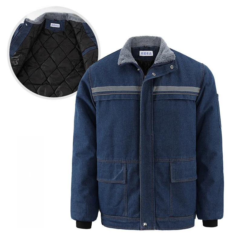 Men's Denim Workwear Cotton Jacket Winter  Welding Flame Retardant Thickened Fleece Wear Resistant Cotton Coat